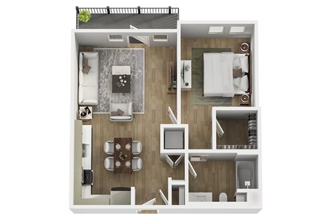 A modern 3d floor plan of a 1 bedroom 1 bathroom apartment with furnitures at unit 203, 739 South Ogden Drive.